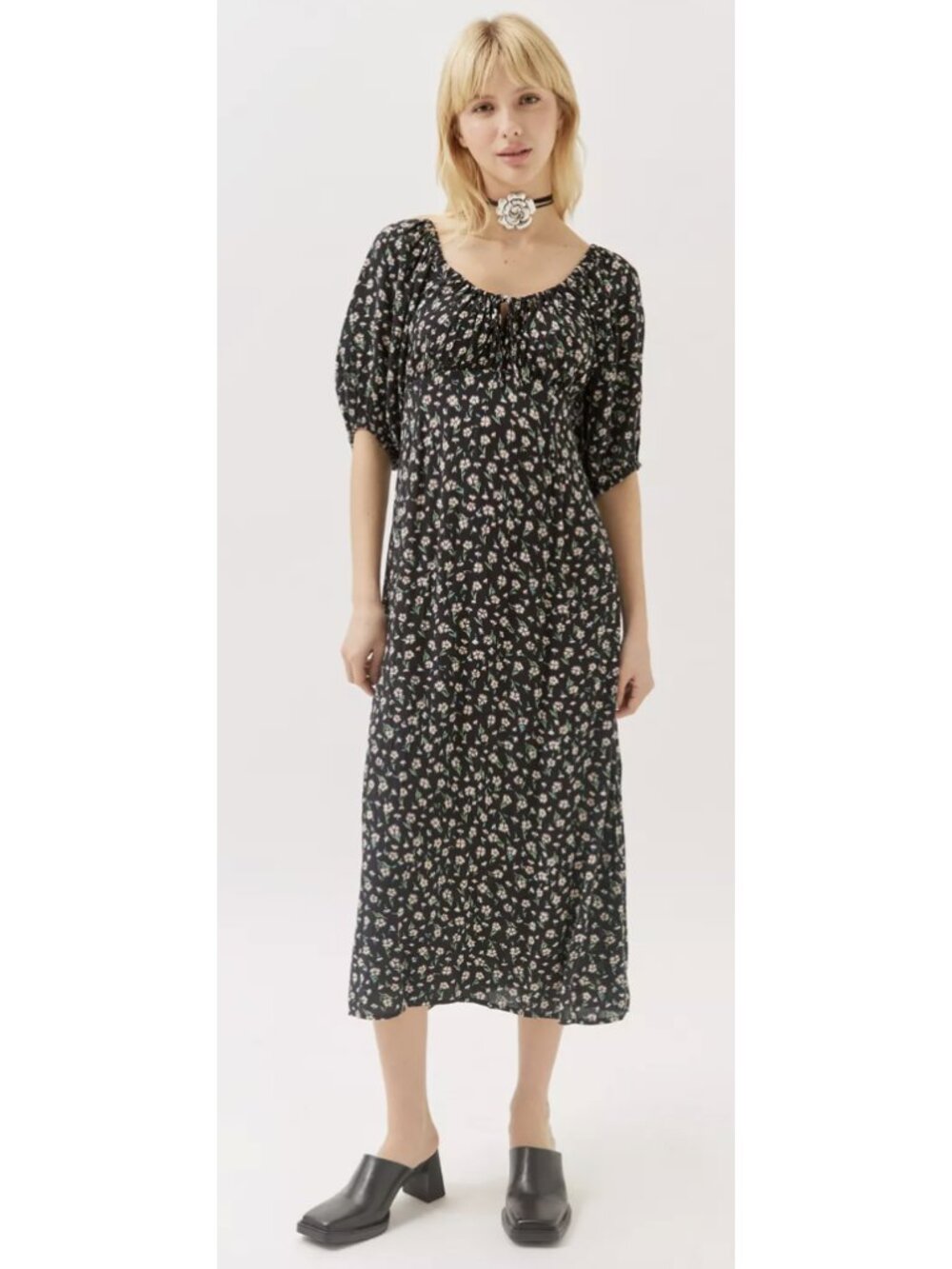 BILLABONG True Romance Ditsy Floral Midi Dress Medium Boho Milkmaid Puff Sleeve